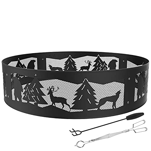 MixRBBQ 36 Fire Ring HeavyDuty Metal Bonfire Liner Kit for Outdoor Campfire Camping Living Wilderness Portable Wood Burning Fire Pit Ring with Extra Firepit Poker  Tong