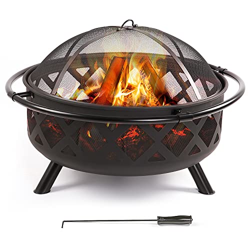 36 Fire Pit Large Wood Burning Crossweave Fire Pits Outdoor Patio Firepit Bowl Round Deep Steel BBQ Grill Firepits for Outside with Spark ScreenPoker