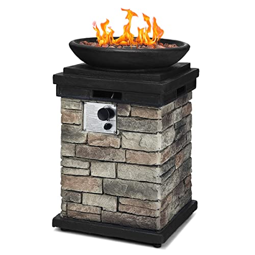 Giantex Propane Firebowl Column 40000 BTU Outdoor Gas Fire Pit Compact Ledgestone Firepit Table with Lava Rocks and Rain Cover