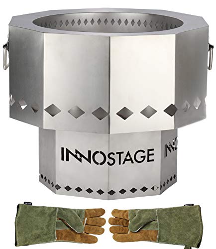 Patented Stainless Bonfire Fire Pit with Portable Carrying Storage Bag SmokeFree Firepit Bowl for Wood Pellet with Stand for Outdoor Campfire Flame or BBQ Patio Garden Backyard  Green Gloves