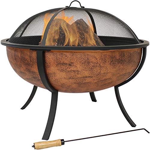 Sunnydaze Large Copper Finish Outdoor Fire Pit Bowl  Portable Backyard Round Wood Burning Patio Firebowl with Spark Screen Wood Grate and Poker  32Inch