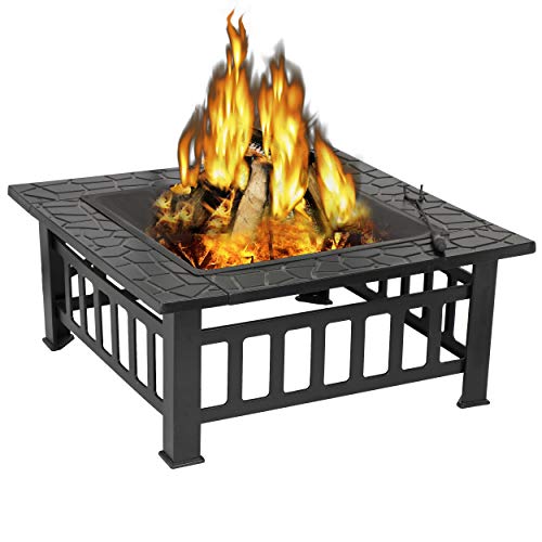 ZENY Outdoor Fire Pit 32in Wood Burning Firepit Square Fireplace Table Portable Fire Bowl for Camping Outside Heating Backyard BBQ with Screen and Fire Pit Poker