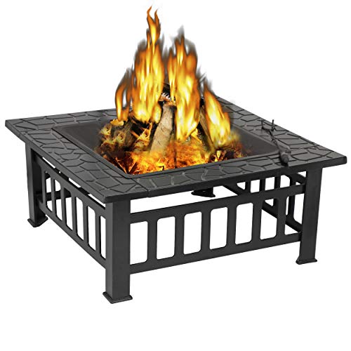 ZENY Outdoor Fire Pit 32in Wood Burning Firepit Square Fireplace Table Portable Fire Bowl for Camping Outside Heating Backyard BBQ with Screen and Fire Pit Poker