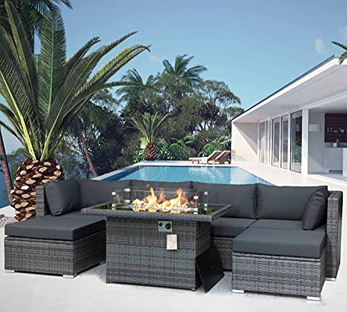 Bulexyard 7 Pieces Grey Outdoor Patio Furniture Sectional Sofa Sets with Propane Fire Pit Table Dual Heat 55000 BTU Outside PE Wicker Conversation Sets