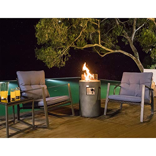 COSIEST 4Piece Fire Pit Table Outdoor Rocking Chair Furniture Set Patio Bistro Blue Cushions w 16inch Round Natural Gas Fire Pit Table (40000 BTU) w Glass Wind Guard for Garden Pool Backyard