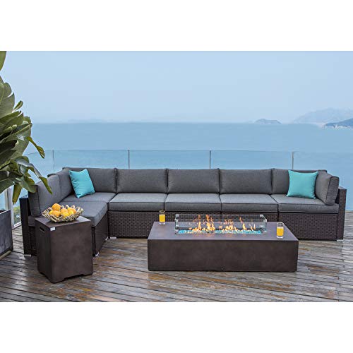 COSIEST 8 Piece Outdoor Wicker Sectional Sofa w Fire Pit TableChocolate Brown Patio Furniture Set w 56 x 28 inches Rectangle Bronze Fire Table (50000 BTU) and Tank Outside(20lb) for Garden