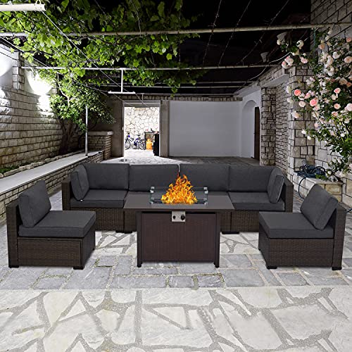 Kinsunny 7 Piece Outdoor Patio Furniture Sets with Fire Pit Table 43 Wicker Sectional Sofa with 2 Pillows Patio Furniture Fire Pit with Cover