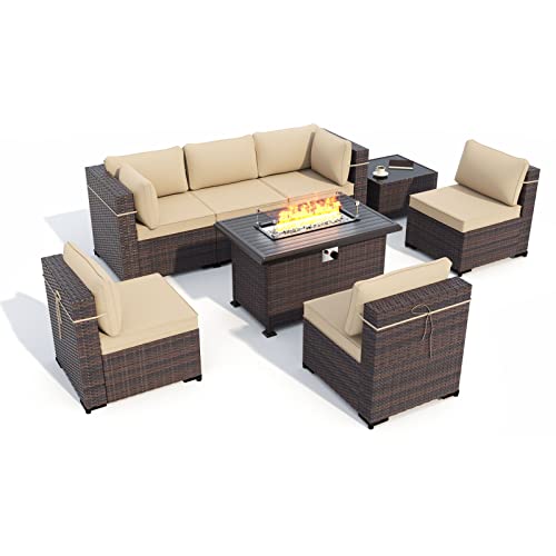 Kullavik 8 Pieces Outdoor Patio Furniture with Gas Propane Fire Pit Table PE Wicker Rattan Sectional Sofa Patio Conversation Sets