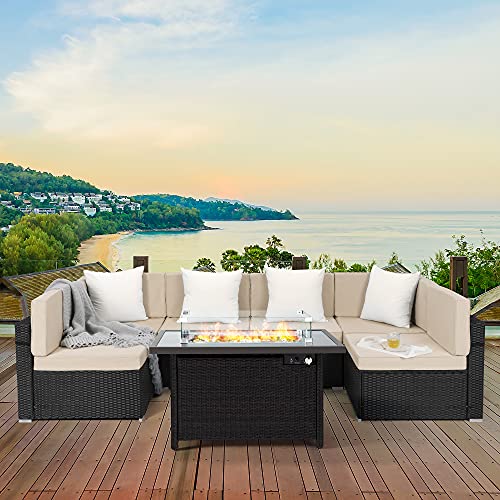 Pamapic 7 Pieces Patio Conversation Sets with fire Pit Patio Furniture Sectional Sofa with Gas Fire Pit Table(Black WickerBeige Cushions)