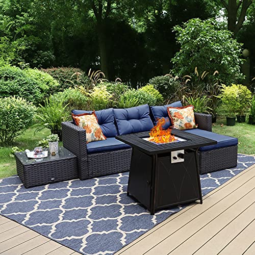 Sophia  William Patio Furniture Sectional Sofa Set with Gas Fire Pit Table 4 Piece Wicker Rattan Outdoor Conversation Sets WCoffee Table CSA Approved Propane Fire Pit (Navy Blue)