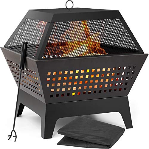 Amagabeli Fire Pit with Waterproof Cover Outdoor Wood Burning 244in Firepit Firebowl Fireplace Poker Spark Screen Retardant Mesh Lid Extra Deep Large Square Backyard Deck Heavy Duty Grate Black