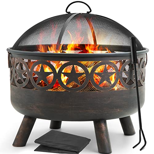 Amagabeli Fire Pit with Waterproof Cover Outdoor Wood Burning 266in Firepit Firebowl Fireplace Poker Spark Screen Retardant Mesh Lid Extra Deep Large Square Backyard Deck Heavy Duty Grate Bronze