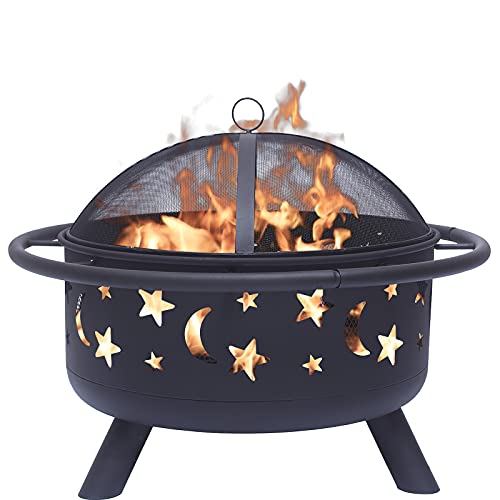 CGVOVOT Fire Pits for OutsideFire Pit Wood Burning Round Star and MoonFireplace PokerSpark Screen for Outdoor Backyard Terrace Patio…