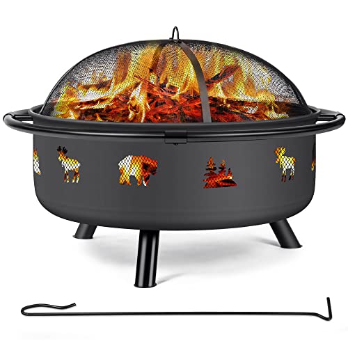 SUNCREAT 36 Outdoor Fire Pits with Round Mesh Spark Screen Patio Fire Pit Outdoor Wood Burning with Fireplace Poker Black