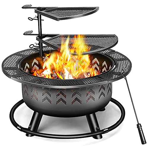 Wilrex 2 in 1 Outdoor Fire Pits with Double Layer Cooking Grill 32 Thicken Bonfire FirePits for Outside Wood Burning with Fireplace Poker for Backyard Garden Patio Heating Camping and BBQ