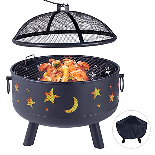 Wood Burning Fire Pit Outdoor Patio Campfire Backyard FireplaceRound Steel Deep Bowl Fire Pit，24 inch