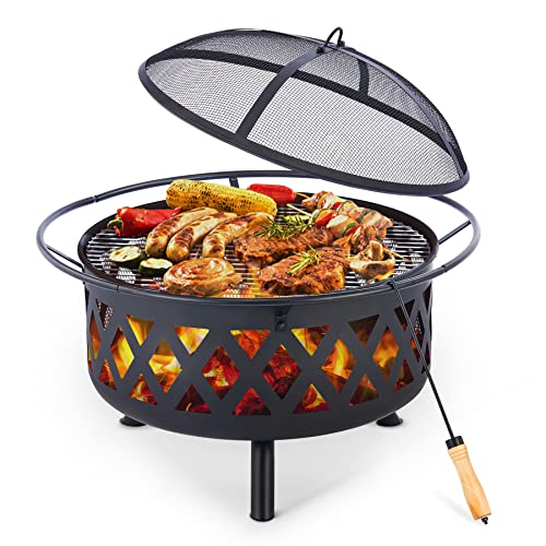COZ 30Inch Outdoor Fire Pit Large Round Wood Burning Fire Pit Cross Weave Portable Fire Pit for Outside Patio Backyard Camping Bonfire More with BBQ Grill Screen Poker Waterproof Cover
