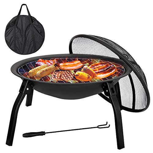 F2C 22 inch Folding Fire Pit Wood Burning Fireplace BBQ Grill Steel Round Bowl wMesh Spark Screen Cover Lid Log Grate Poker for Patio Backyard Garden Camping Traveling Picnic Bonfire