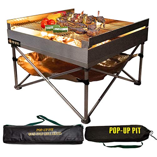 PopUp Fire Pit  Portable Outdoor Fire Pit and BBQ Grill  Packs Down Smaller than a Tent  Two Carrying Bags Included  XLarge Grilling Area (Fire Pit Heat Shield and QuadFold Grill Included)