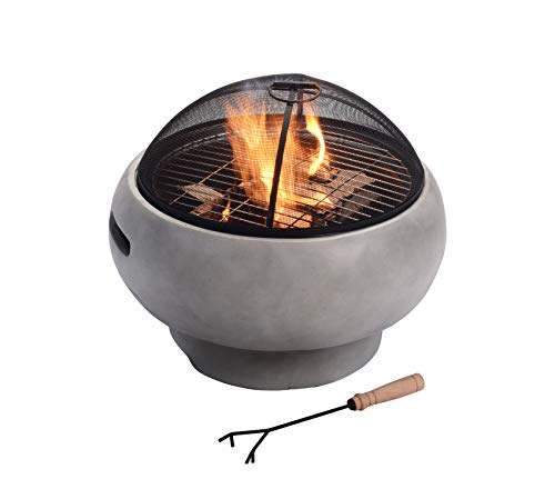 Teamson Home MGO Light Concrete Round Charcoal and Wood Burning Fire Pit for Outdoor Patio Garden Backyard with Spark Screen Fireplace Poker Grate and BBQ Grill Light Gray