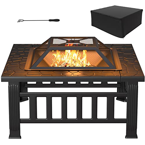 Tuoze 32inch Fire Pits Outdoor Patio Metal Multifunctional Firepit Table with Waterproof Cover for Camping Bonfire Party Picnic BBQ Backyard Garden Outside Heating
