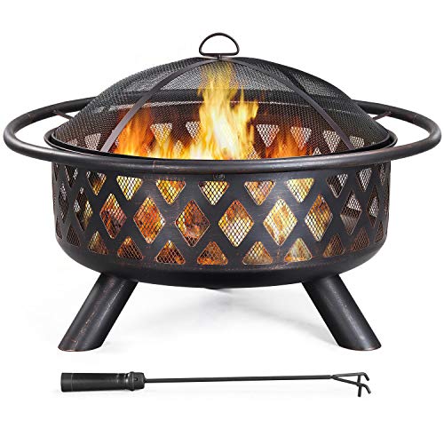 Yaheetech Fire Pit 36in Outdoor Wood Burning Fire Pits Wood Large Fire Bowl for Outside BBQ Bonfire Patio with Mesh Spark Screen Poker and Rain Cover