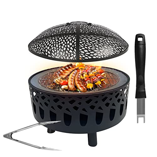 Yirilan 23 Inch Fire PitWood Burning Fire Pit Outdoor Large Round Portable Fire Pit for Outside Patio Backyard Camping Bonfire with BBQ Grill Spark Screen