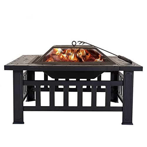 Careland Outdoor Wood Burning Fire Pit Table 32 Inch Metal Square Backyard Patio Firepit Table with Spark Screen Cover Safe Mesh Lid and Poker for WarmthBBQ or Cooler