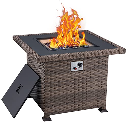 EROMMY Propane Fire Pit Table32 Inch AutoIgnition Smokeless Gas Fire Pit with Lid and Fire Glass50000 BTU Wicker Square FirepitAdd Warmth and Ambience to Gatherings and Parties for PatioBrown