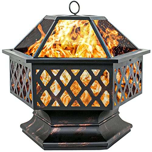 F2C HexShaped Fire Pit for Garden 24 Inch Wood Burning Bonfire Firebowl Outdoor Portable Steel Firepit with FlameRetardant Mesh Lid Poker for Patio Backyard Garden Beach Camping Picnic