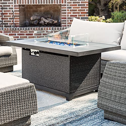 Kinger Home Grey Outdoor Propane Fire Pit Table 52 inch 50000 BTU Fire Pits for Outside Rectangle Fire Table with Lid Aluminum Tabletop Rattan Wicker AutoIgnition Wind Guard Weather Cover