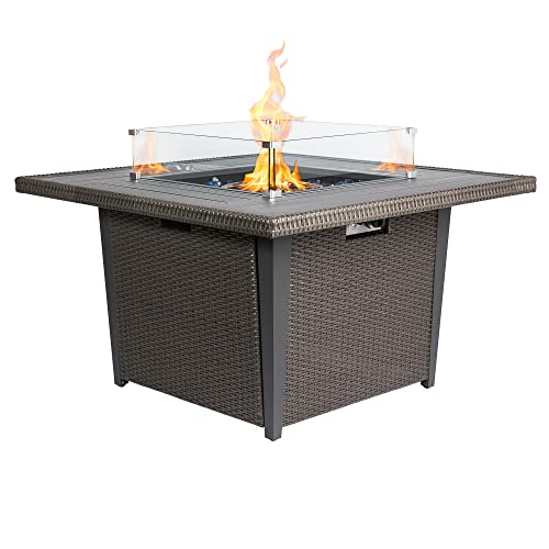 Kinger Home Outdoor Propane Fire Pit Table 42 inch 50000 BTU Fire Pits for Outside Square Fire Table with Lid Aluminum Tabletop Rattan Wicker AutoIgnition Wind Guard Weather Cover