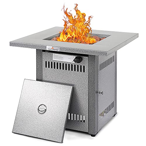 LEGACY HEATING Gas Fire Pit Table 28in Outdoor Propane Fire Pit Table 50000 BTU Square Firepit Table with Lid  Lava Rock Silver Texture Fire Table for Outside Patio Backyard Party Garden Courtyard