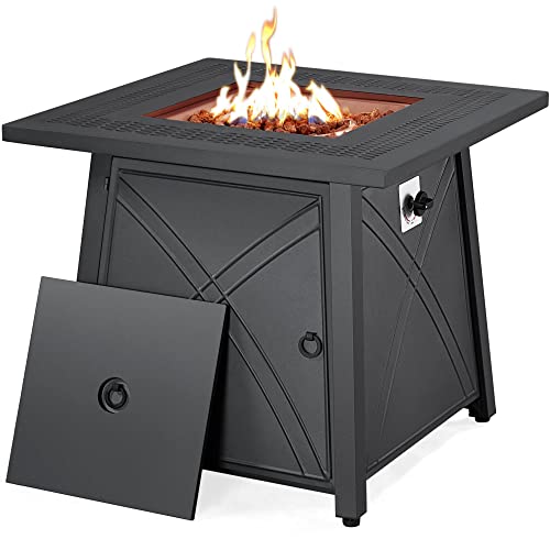 Yaheetech 28 Inch Gas Fire Pit Table with Lid and Iron Tabletop for Outdoor 40000 BTU Propane Fire Table with Lava Rocks Heavy Duty 2 in 1 Square Firepit Table for PatioBackyardParty Black
