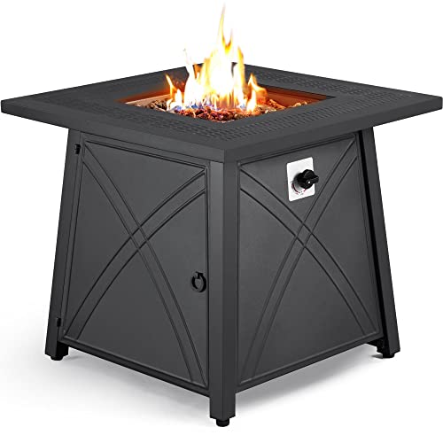 Yaheetech 28 Inch Gas Fire Pit with Lid for Outdoor 40000 BTU Square Propane Gas Fire Pit Table with Iron Tabletop for Patio 2 in 1 Fire Pit with Lava Rocks CSA Certification Black