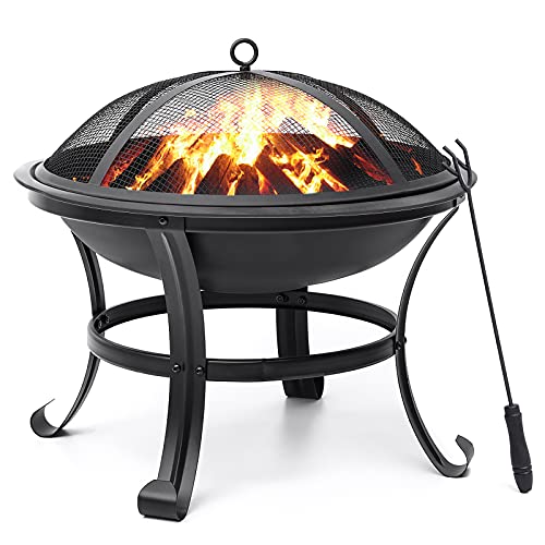 Fire Pit 22 Wood Burning Fire Pits Outdoor Firepit Steel BBQ Grill Fire Bowl with Spark Screen Log Grate Poker for Camping Patio Backyard Garden Picnic Bonfire