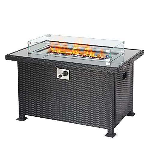 JULYS SONG Gas Fire Pit Table Outside Propane Firepits with Wind Guard for Patio Deck Outdoor Fireplace 50000 BTU 43 Wicker Rectangular Black