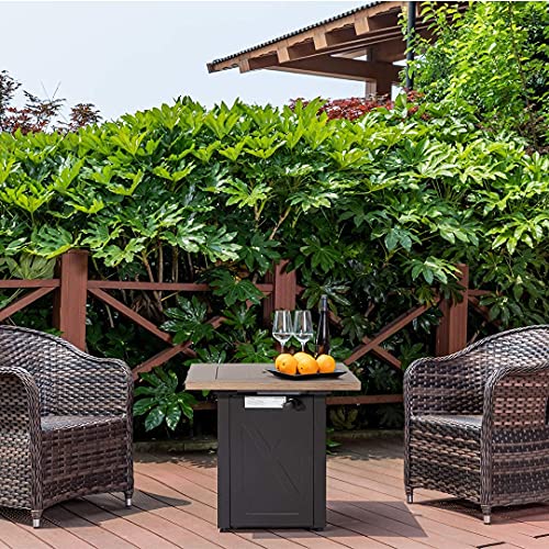 LEGACY HEATING 28 Inch Outdoor Gas Square 50000 BTU Fire Pit Table with Lid Bionic Wood Grain Propane fire pits Tables for Outside Backyard Garden Camping Party