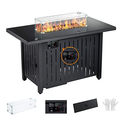 43 Propane Fire Pit2 in 1 Fire Pit Table with Glass Cover and Glass Table Fire Pit Fireplace Dinning Table Lava Stone 60000 BTU AutoIgnition Gas CSA Certification Gift Gloves (Rectangle)