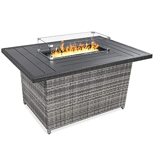Best Choice Products 52in Gas Fire Pit Table 50000 BTU Outdoor Wicker Patio Propane Firepit wAluminum Tabletop Glass Wind Guard Clear Glass Rocks Cover Hideaway Tank Holder Lid  Gray