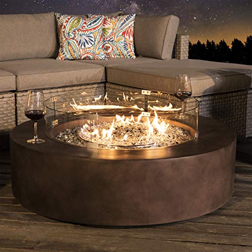 COSIEST Outdoor Propane Fire Pit Coffee Table w Dark Bronze 42inch Round Base Patio Heater 50000 BTU Stainless Steel Burner Wind Guard Transparent Gray Fire Glass Waterproof Cover
