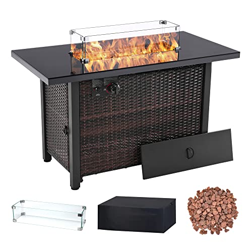 Conpsxc Outdoor Propane Gas Fire Pit Table 43 Inch 50000 BTU AutoIgnition CSA Approved with Glass Wind Guard Waterproof Cover Lava Stone for Outdoor GardenPatioBackyard