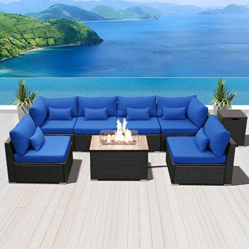 DINELI Patio Furniture Sectional Sofa with Gas Fire Pit Table Outdoor Patio Furniture Sets Propane Fire Pit (Royal BlueRectangular Table)
