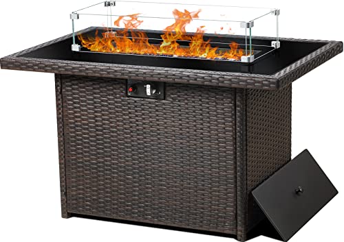 LayinSun 44 Propane Gas Fire Pit Table 55000 BTU Rectangular Fire Pit with Glass Wind Guard for Outside Patio Deck Garden Backyard (BrownGlass)