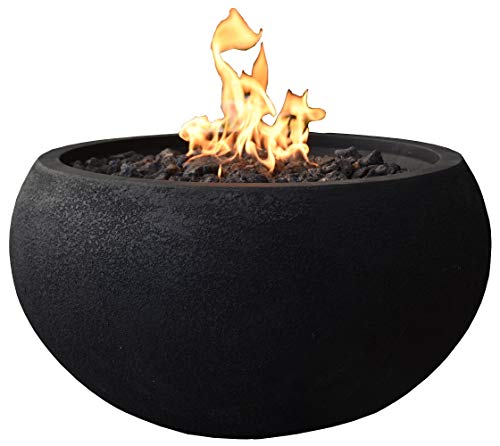 Modeno York Outdoor Firepit Table Grey Durable Round Fire Bowl Glass Fiber Reinforced Concrete Patio Fireplace 27 Inches Electronic Ignition Cover Lava Rock Included Natural Gas