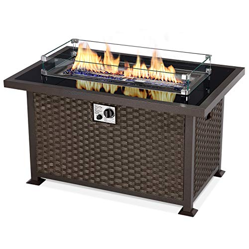 UMAX 44in Outdoor Propane Gas Fire Pit Table 50000 BTU AutoIgnition Gas Firepit with Glass Wind Guard Black Tempered Glass Tabletop  Blue Glass Rock Brown PE Rattan CSA Certification