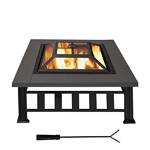 34 Fire Pit Table Wood Burning Fire Pit for Patio Outside Square Metal Firepit Stove Backyard Patio Garden Fireplace for Camping Outdoor Heating Bonfire and Picnic