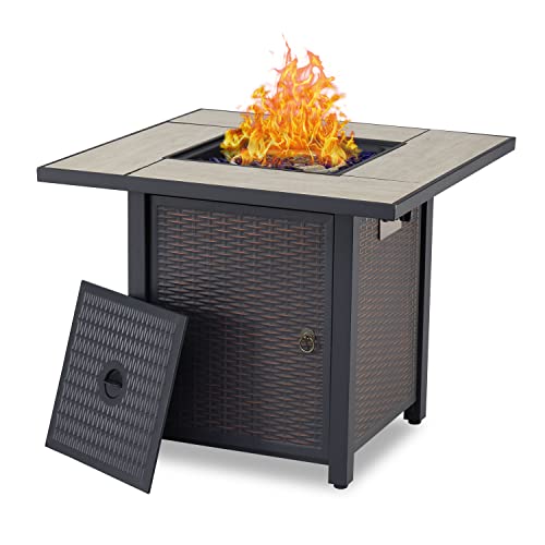Kinsunny Outdoor Square Propane Gas Fire Pit Table 30 Fire Pit Table Brown Firepits for Outside Patio with CoverBlue Fire Glass