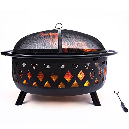 Project One Crossweave Outdoor Fire Pit  36 Inch Large Bonfire Wood Burning Patio  Backyard Firepit for Outside with Spark Screen Poker and Round Fireplace Cove