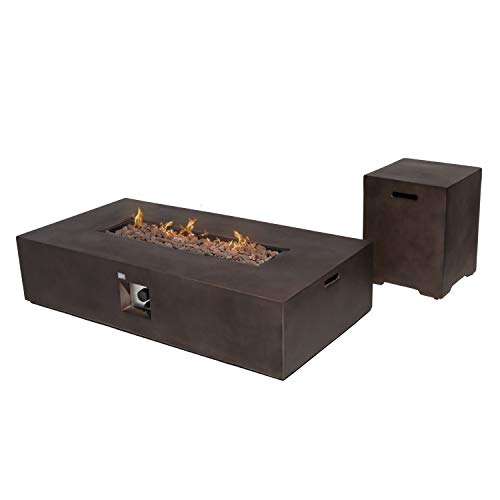 COSIEST 2Piece Outdoor Propane Fire Table Set Rectangle Concrete 56inch x 28inch Bronze Fire Pit (50000 BTU) w 20lb Tank TableWaterproof Cover for Garden Porch Backyard